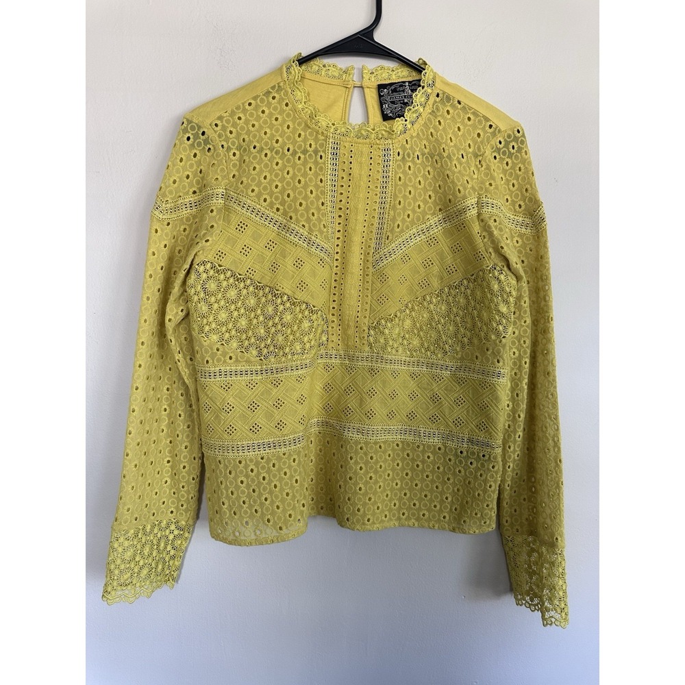 Anthropologie James Coviello Embroidered Eyelet Blouse Boho Size‎ XS Yellow